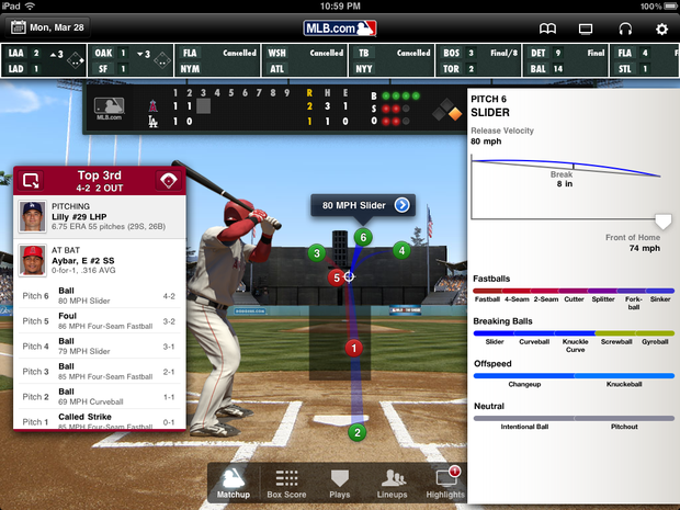 Geek out on pitching data with MLB At Bat '11 for iPad. 