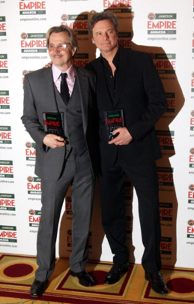 Gary Oldman and Colin Firth with their Empire Icon and Best Actor awards respectively at the Empire Film Awards 