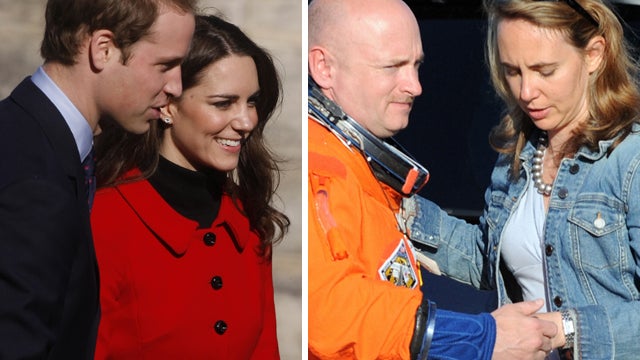 Shuttle Discovery Commander Mark Kelly talks with his wife Gabriele Gifford before boarding a training aircraft at Kennedy Space Center May 28, 2008 in Florida. Discovery is scheduled to launch May 31, 200 for a 13-day mission, and Prince William and Kate 