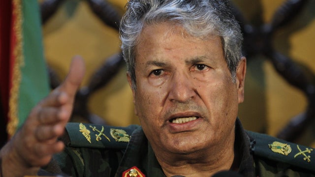 Libyan rebel military leader Abdel-Fattah Younis speaks to the media 