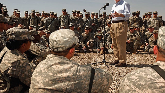 U.S. Defense Secretary Robert Gates talks with troops from the U.S. Army 25th Infantry Division from Hawaii and answers their questions during a visit at Camp Victory April 7, 2011 in Baghdad, Iraq.  