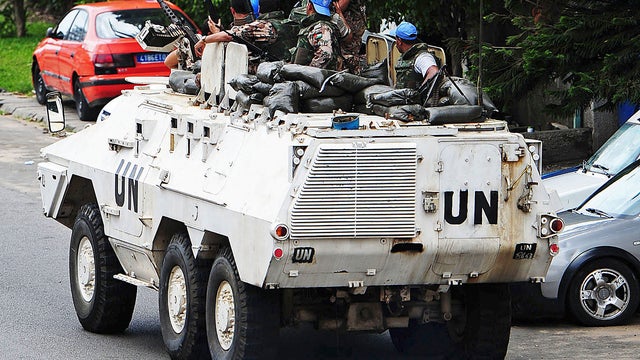A U.N. armored personnel carrier on patrol 
