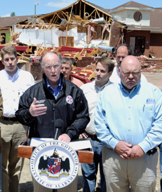 Gov. Robert Bentley holds a press conference during a visit to Boone's Chapel in Autauga County, Ala., Saturday, April 16, 2011  