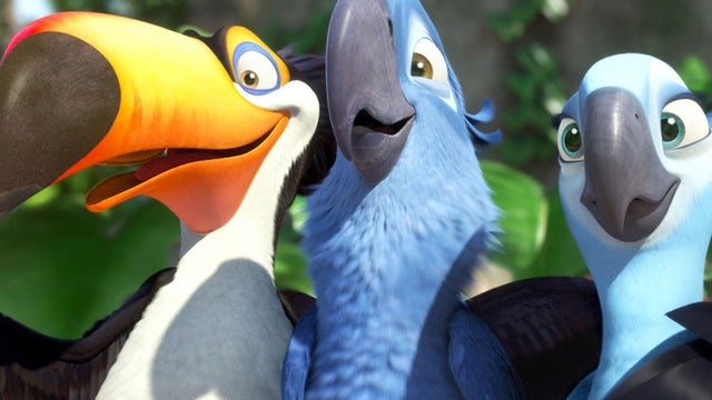 Publicity image released by 20th Century Fox shows animated characters, from left, Raphael, voiced by George Lopez, Blu, voiced by Jesse Eisenberg, and Jewel, voiced by Anne Hathaway, in scene from "Rio."  