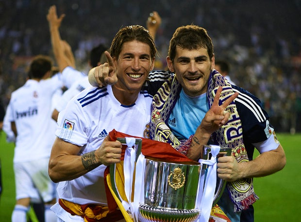 Iker Casillas (R) and Sergio Ramos of Real Madrid