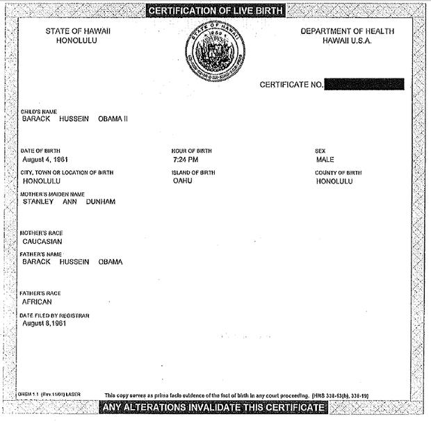 Certification Of Live Birth Obama 