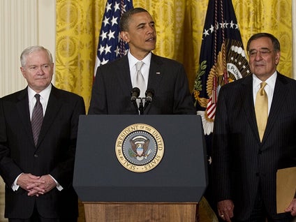 US President Barack Obama (C) nominates Ryan Crocker (R) as US Ambassador to Afghanistan, Lt. General John Allen(2nd-R) as the new US Commander for NATO-led forces in Afghanistan, General David Petraeus (3rd-R) as Director of the Central Intrelligence Agency (CIA), and CIA Director Leon Panetta (4th R) as the new Secretary of Defense during a official announcement at the White House in Washington, DC, April 28, 2011. Also on stage outgoing US Secretary of Defense Robert Gates (4th L) ,Vice President Joe Biden (3rd L), US Secretary of State Hillary Clinton (2nd L), National Security Advisor Tom Donilon. 