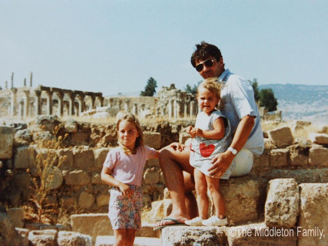 JERASH, JORDAN - UNDATED: (NO SALES) In this Handout Image provided by Clarence House www.officialroyalwedding2011.org, Kate Middleton with sister Pippa and Father Michael in Jerash, Jordan. The Middleton Family moved to Amman, Jordan for two and a half y