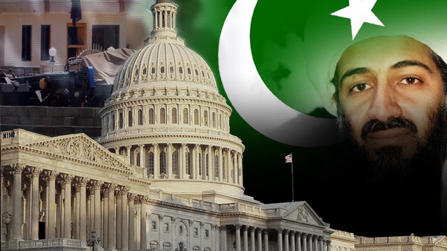 Capitol Hill Dome and Flag of Pakistan and US. Osama bin Laden and the compound he killed in. 