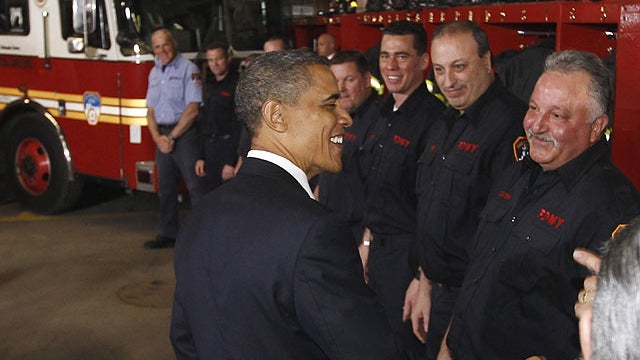 President Barack Obama meets with firefighters and first responders at Engine 54, Ladder 4, Battalion 9, before visiting the National Sept. 11 Memorial at Ground Zero in New York, May 5, 2011.  