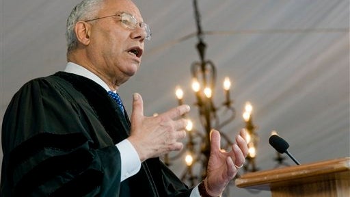 Retired Gen. Colin Powell speaks to graduating class at South Carolina State University's spring commencement exercises Friday evening, in Orangeburg, S.C. 