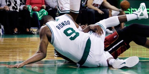 The left elbow of Boston Celtics guard Rajon Rondo dislocates his left elbow 