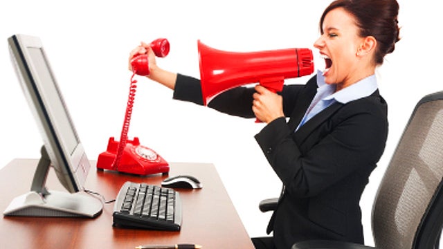 angry boss, manager, woman, screaming, blowhorn, stock, office, working, red phone, megaphone, yelling, 4x3 