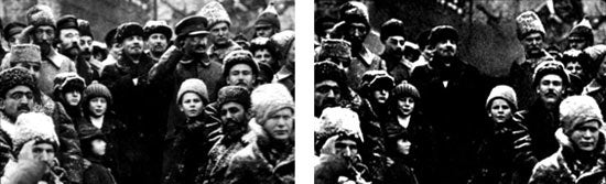 Communist Party removes Leon Trotsky from photos of him mingling with other officials. 