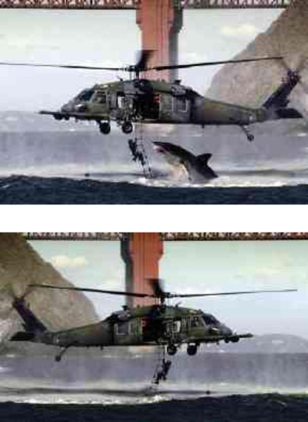 Doctored photo of shark attacking Air Force helicopter rescue. 