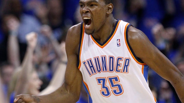 Kevin Durant reacts after scoring  