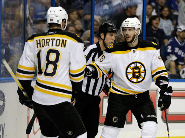 Bruins' David Krejci celebrates with teammate Nathan Horton 