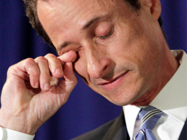 U.S. Congressman Anthony Weiner, D-NY, wipes his eye during a news conference in New York, Monday, June 6, 2011. After days of denials, a choked-up New York Democratic Rep. Anthony Weiner confessed Monday that he tweeted a bulging-underpants photo of himself to a young woman and admitted to "inappropriate" exchanges with six women before and after getting married. 