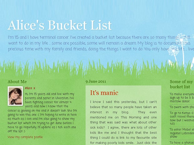 "Alice Bucket List" on Twitter, 15-year-old cancer patient Alice Pyne reaches out online 
