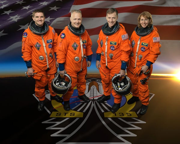 The crew of Atlantis, on mission STS-135. From left to right: Rex Walheim, pilot Douglas Hurley, commander Christopher Ferguson, Sandra Magnus 
