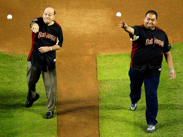 Joe Garagiola and Daniel Hernandez, Jr. throw the ceremonial first pitch  