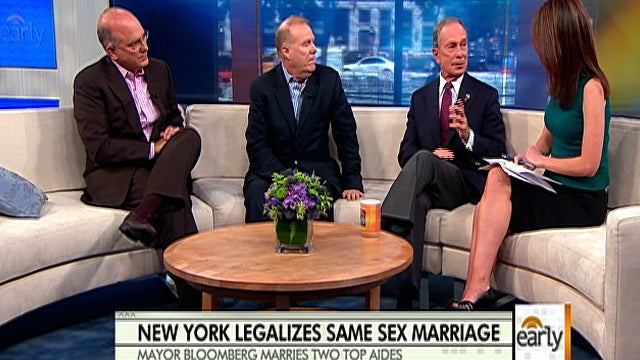 New York Mayor Michael Bloomberg, right, was to preside on July 24, 2011 at wedding of two top aides, chief policy adviser John Feinblatt, center, and NYC Commissioner of Consumer Affairs Jonathan Mintz, left. They're seen here on "Early Show on Saturday  