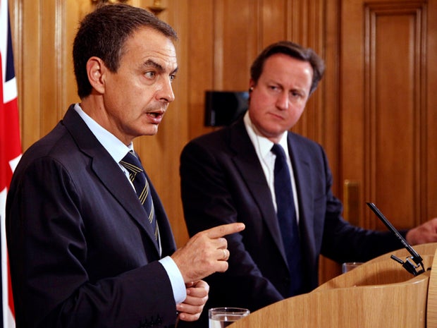 Spanish Prime Minister Jose Luis Rodriguez Zapatero, left, and British Prime Minister David Cameron hold a joint press conference at 10 Downing Street July 25, 2011, in London.