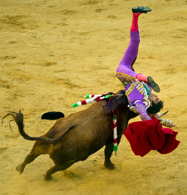 Spain's bullfighter Jose Tomas flips up and down  