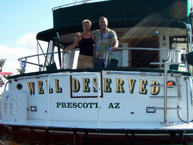 Jackie and Tom Hawks on board their 55-foot yacht, aptly named Well Deserved. 