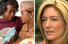 On the left, a still from the movie, "The Help," and on the right, the author of the book, Kathryn Stockett. 