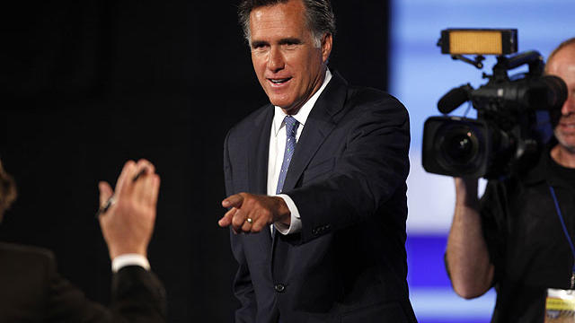 Republican presidential candidate former Massachusetts Gov. Mitt Romney is seen during a commercial break at the Iowa GOP/Fox News Debate at the CY Stephens Auditorium in Ames, Iowa, Aug. 11, 2011. 