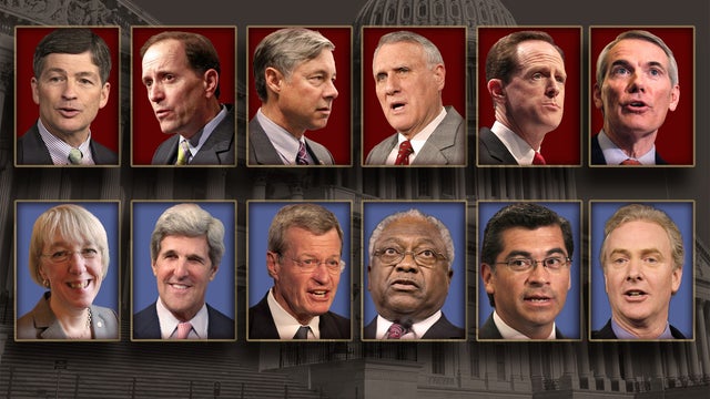 Supercommittee members: (top, from left to right) Republican Reps. Jeb Hensarling, Dave Camp and Fred Upton; Republican Sens. Jon Kyl, Pat Toomey and Rob Portman; (bottom, from left to right) Democratic Sens. Patty Murray, John Kerry and Max Baucus, and R 