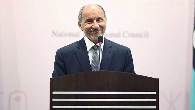 National Transitional Council chairman Mustafa Abdul-Jalil, reacts during a press conference in the rebel-held town of Benghazi, Libya, Aug. 22, 2011.  
