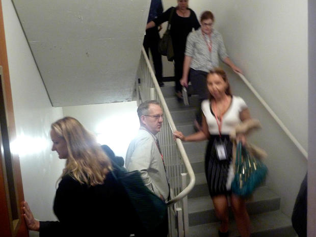 People use the stairs to evacuate a building in Washington, Wednesday, Aug. 24, 2011, after an earthquake hit the Washington area. 