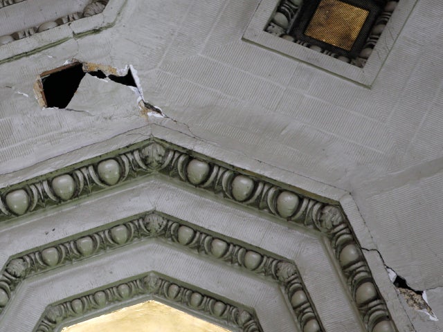Pieces of the ceiling at Union Station are missing and cracks are seen after an earthquake was felt in Washington, Aug. 23, 2011.  