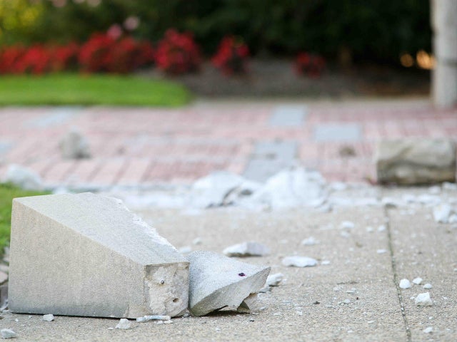 Large chunks of stone that fell off of St. Thomas the Apostle church in Wilmington, Del. are shown Aug. 23, 2011, after one of the strongest earthquakes ever recorded on the East Coast.  