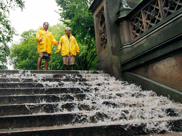 water in New York City's Central Park flows down the steps toward the Bethesda Fountain 