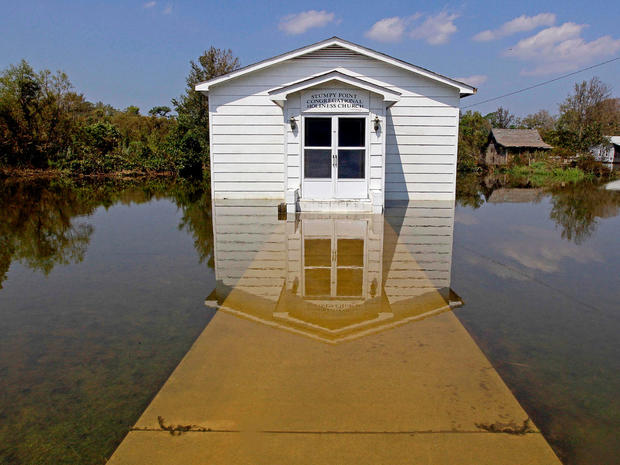 The Stumpy Point Congregational Holiness Church is shown surrounded by water following the effects of Hurricane Irene in Stumpy Point, N.C.,  Aug. 28, 2011. 