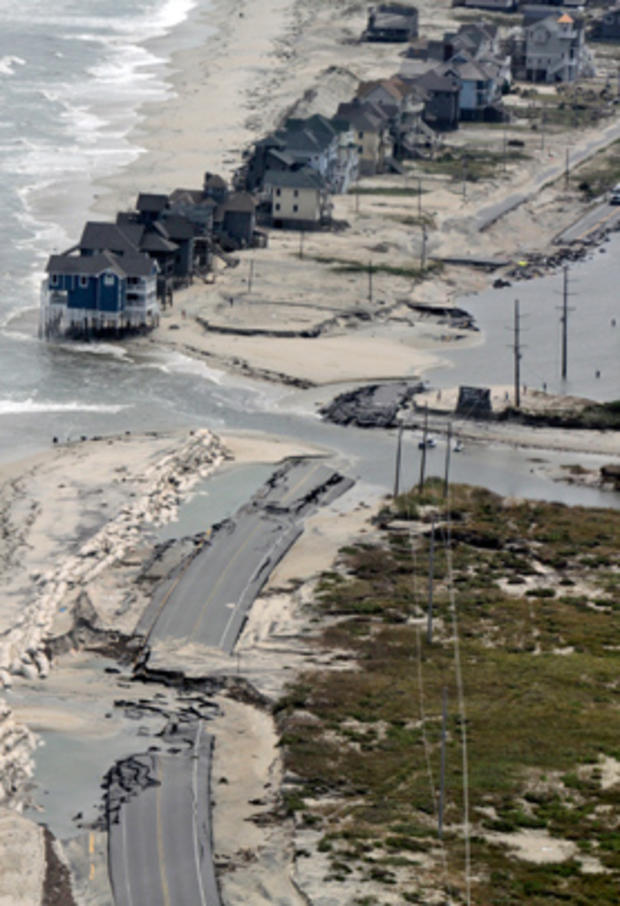 his aerial photo taken  Aug. 30, 2011,  shows a section of Highway 12 at the edge of Rodanthe, N.C. that was destroyed by Hurricane Irene.  