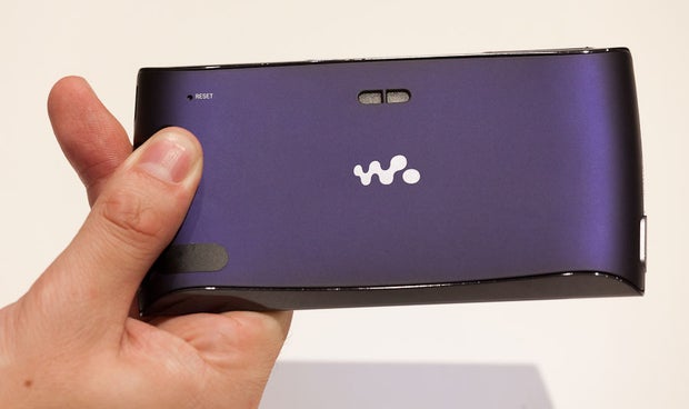 The back of the Android-powered Walkman prototype sports the "W." Walkman logo against deep purple background. 
