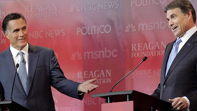 Republican presidential candidates former Massachusetts Gov. Mitt Romney, left, and Texas Gov. Rick Perry answer a question during a Republican presidential candidate debate at the Reagan Library, Sept. 7, 2011, in Simi Valley, Calif.  