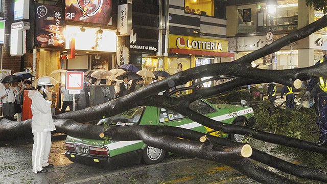 The rear section of a taxi is crushed by a fallen tree in Tokyo on Sept. 21, 2011 as powerful Typhoon Roke barreled across central Japan with heavy rains and sustained winds of up to 100 mph. 