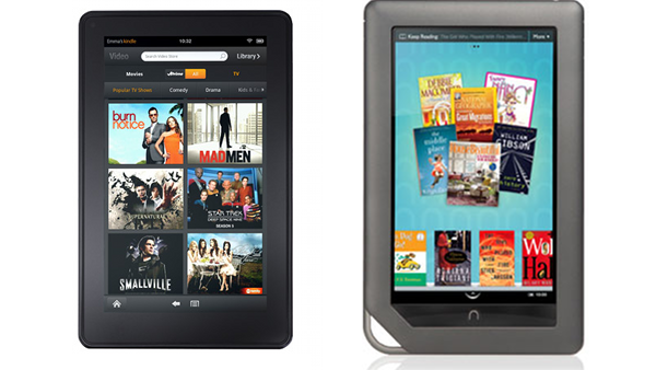 Photo of Amazon Kindle Fire and the Barnes & Noble Nook Color. 