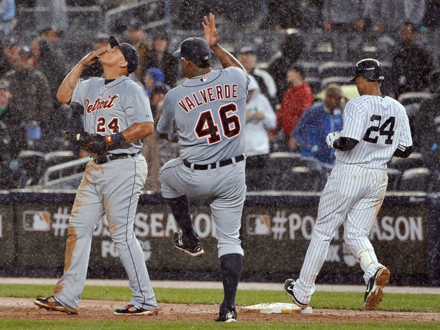 Miguel Cabrera and Jose Valverde celebrate  