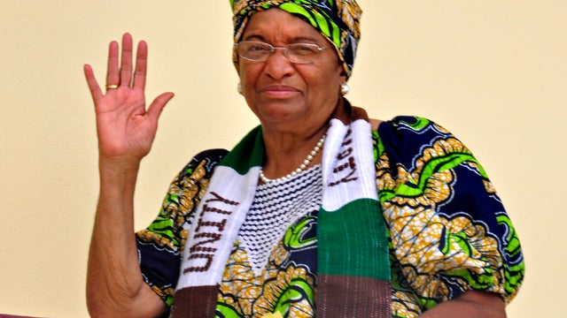 Liberian President Ellen Johnson Sirleaf waves at her home in the city of Monrovia, Liberia, Oct 7, 2011. Africa's first democratically elected female president, a Liberian campaigner against rape and a woman who stood up to Yemen's autocratic regime won  