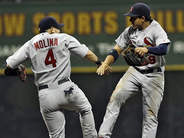 Jon Jay and Yadier Molina celebrate 