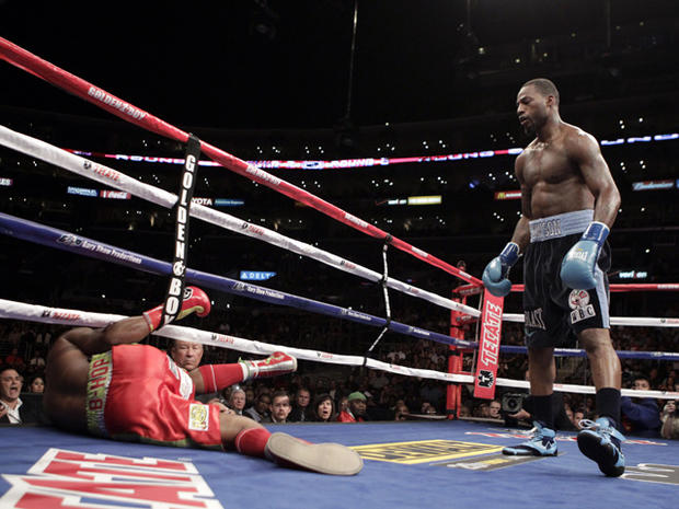 Bernard Hopkins is pushed out of the ring by Chad Dawson 