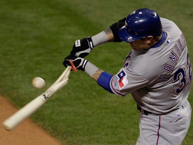 Josh Hamilton breaks his bat  