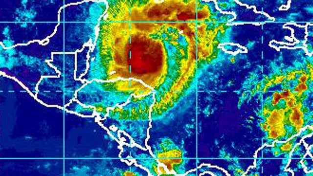Hurricane Rina is seen off Central America's Caribbean coast in this infrared satellite image captured by the National Weather Service at 1:45 p.m. ET Oct. 25, 2011. 