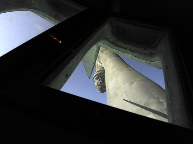 Lady Liberty's arm is seen from a window in the Statue of Liberty's crown during a media tour May 20, 2009. On July 4, 2009, the statue's crown was reopened to visitors for the first time since the Sept. 11, 2001, attacks on the World Trade Center. 